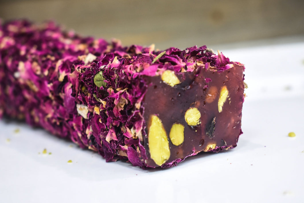 Pomegranate Jelly and Hazelnut filled Turkish Delight covered with Rose Petals
