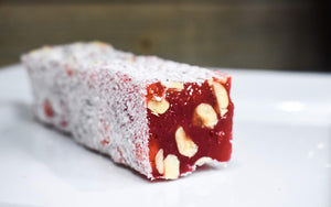 Pomegranate Jelly and Hazelnut filled Turkish Delight covered with Coconut Flakes