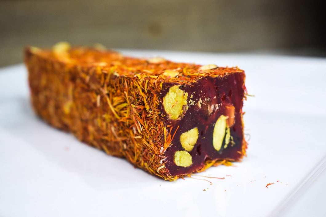 Pomegranate Jelly and Pistachio filled Turkish Delight covered with Safflower
